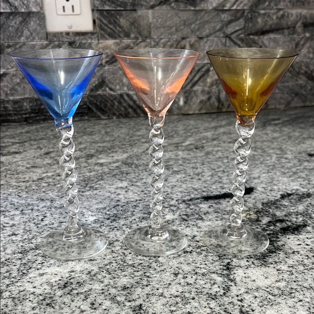 Set of Three Twisted Stem Martini shot Glasses Vintage